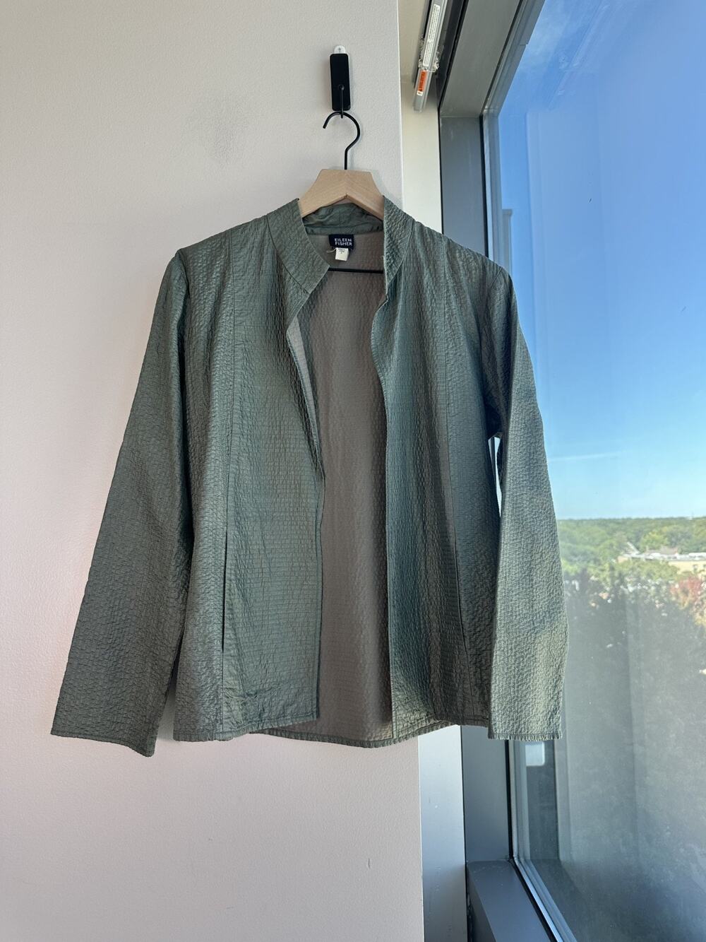 Eileen Fisher Women's Quilted Silk Tussah Open Front Green Jacket Sz S